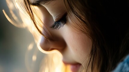 Aufkleber - Close up portrait of a serene woman with beautiful eyelashes bathed in soft natural light : Generative AI
