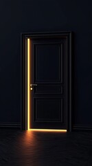Poster - Stylish black door with a glowing light edge creating a mysterious and captivating mood in a dark hallway : Generative AI