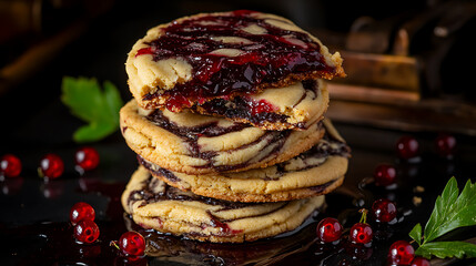 Wall Mural - Stack of jam-filled cookies with red currants glistening on a dark surface.