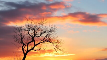 Aufkleber - Golden sunset with silhouette of a leafless tree creating a beautiful contrast against vivid sky colors : Generative AI