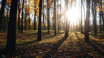 Aufkleber - Golden autumn forest showcasing colorful leaves and sunlight casting shadows on the ground : Generative AI
