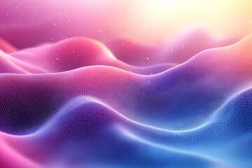 Wall Mural - Abstract digital landscape with flowing waves in vibrant pink and blue hues under a soft glow