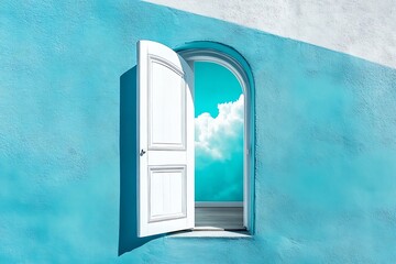 Fototapete - Aesthetic view of an open white door revealing a bright blue sky and fluffy clouds : Generative AI