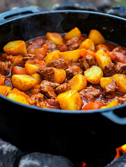 Sticker - Hearty beef and potato stew simmers in a black pot over an open fire steam rising.