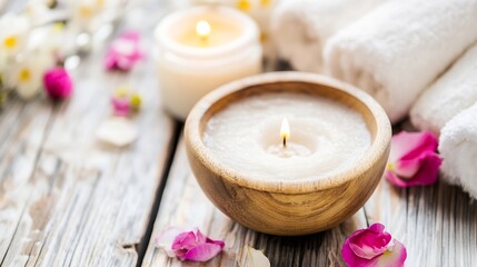 Poster - Relaxing Spa Scene with Aromatic Candle and Fragrant Rose Petals on Wooden Table : Generative AI