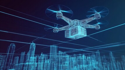 Aufkleber - State of the art drone technology soaring over a wireframe city demonstrating digital advancements : Generative AI