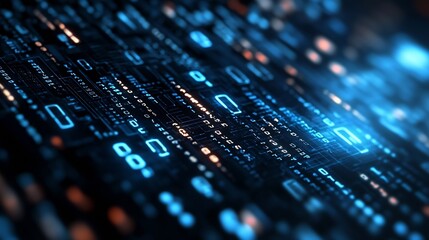 Leinwandbilder - Close up view of digital data flow with glowing blue binary code and circuit patterns on a dark background : Generative AI