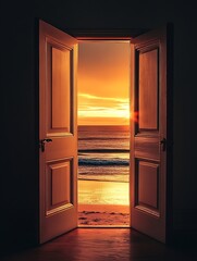 Poster - Beautiful sunset view through an open door by the beach creating a serene and inviting atmosphere : Generative AI