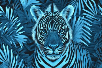  Majestic tiger in a vibrant jungle scene with palm leaves and foliage, evoking the wilds of the savanna.