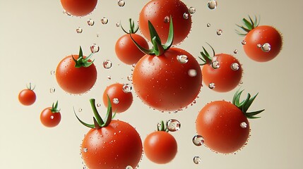 Poster - Fresh and Juicy Cherry Tomatoes Splashing in Air with Water Drops for Healthy Food Concept : Generative AI