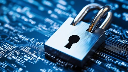 Fototapete - Silver padlock placed prominently on a digital circuit board signifying cybersecurity and data safety : Generative AI