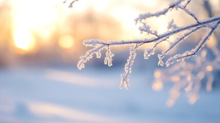 Aufkleber - Frosty Winter Morning with Ice Crystals on Branches and Soft Sunrise Light : Generative AI