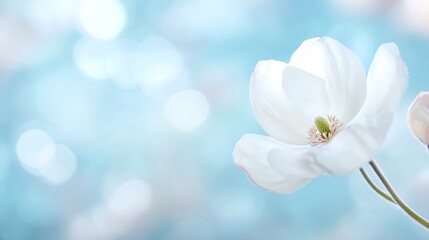 Poster - Stunning white flower blooming on tranquil blurred blue background showcasing nature's elegance : Generative AI