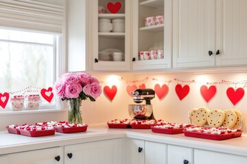 Poster - Valentine's Day decorations on a kitchen counter with candles and sweet treats