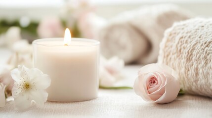 Poster - Softly lit candle surrounded by delicate roses and towels creating a serene spa atmosphere for relaxation : Generative AI