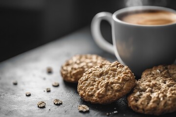 Wall Mural - A still life photograph of three cookies and a cup of coffee on a table