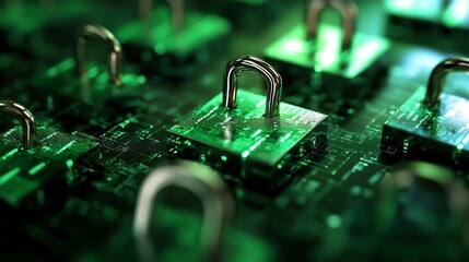 Leinwandbilder - Illuminated padlocks with green circuits symbolizing cybersecurity and advanced protection in digital technology : Generative AI