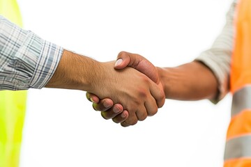 Two workers on a construction site shaking hands in a gesture of friendship or agreement