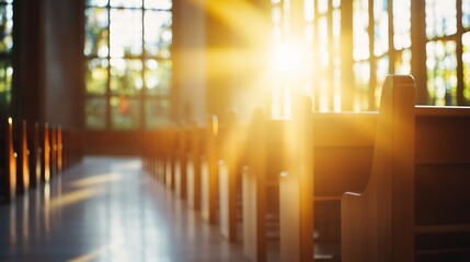 Aufkleber - Sunlight streaming through stained glass windows illuminating wooden church pews in a serene atmosphere : Generative AI