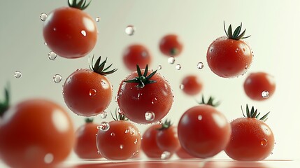 Poster - Lively Group of Cherry Tomatoes Rising in Air Surrounded by Sparkling Water Drops for Visual Appeal : Generative AI
