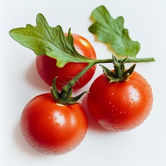 Wall Mural - Three fresh red tomatoes with green leaves and water droplets on a white surface ready for cooking : Generative AI