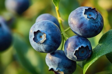 Poster - Close-up view of ripe blueberries on their plant, ready for picking