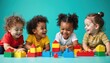 © Vadym - Diverse toddlers play with building bricks. Cute little playful children of different origin enjoy game. Young kids with ethnic background having fun, learn to construct blocks.