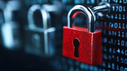 Fototapete - Closeup view of locked padlocks on a backdrop of digital data emphasizing security and protection themes : Generative AI