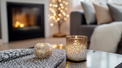 Canvas Print - Cozy Living Room with Illuminated Candles and Festive Decor by the Fireplace : Generative AI