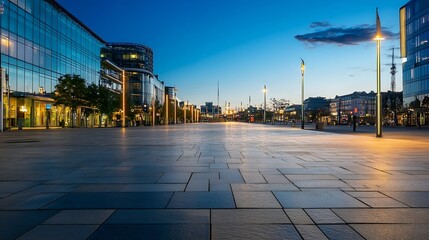 Poster - Modern cityscape featuring wide pedestrian walkway illuminated by city lights at dusk : Generative AI