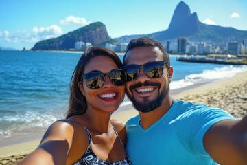 Wall Mural - A couple enjoying a moment together on the beach, taking a selfie to capture the memory