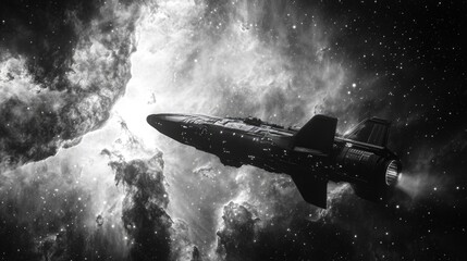 Wall Mural - a black and white photo of a space ship in motion, with details of its design and propulsion system 
