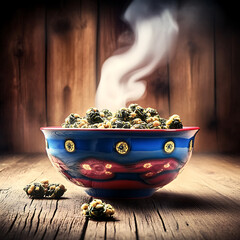 Wall Mural - Steaming hot food served in a colorful bowl on a rustic wooden table against a wood background.