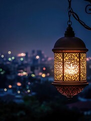 Wall Mural - Decorative lantern glowing with candlelight at night, overlooking city lights. Calm evening ambiance.