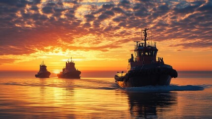 Wall Mural - two boats on calm water with a beautiful sunset in the background