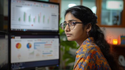 Leinwandbilder - A focused woman with glasses examines visual data on multiple computer screens in a contemporary office setting, highlighting her analytical skills and professionalism.
