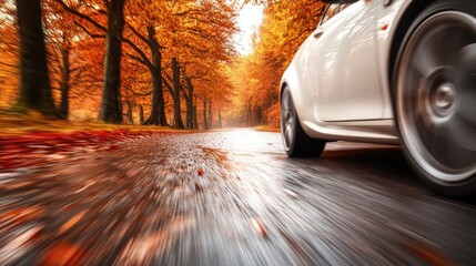 Poster - A white car driving along a tree-lined road, suitable for travel or journey scenes