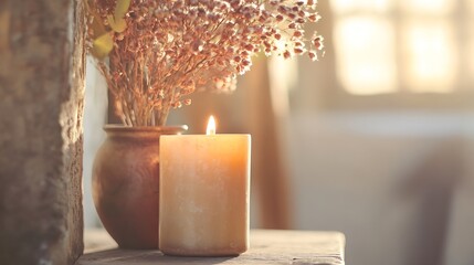Fototapete - Warm Candle Light Illuminating Dried Flowers in a Cozy Atmosphere Creating Calm Vibes : Generative AI