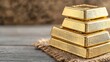 © Generative AI - Stack of shiny gold bars arranged on a rustic wooden surface showcasing luxury and wealth : Generative AI