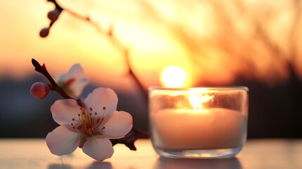 Poster - Serene sunset ambiance with delicate cherry blossom and glowing candle in soft golden light : Generative AI
