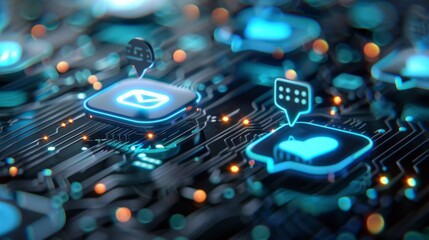 Aufkleber - Symbols representing messages and notifications glow on a circuit board, highlighting the fusion of technology and communication in the digital age.