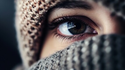 Aufkleber - Intimate closeup of a person's eye partially covered by a knitted scarf reflecting emotion and mystery in a dramatic setting : Generative AI
