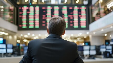 Fototapete - Businessman observing stock market data on large digital screens in a modern trading environment : Generative AI