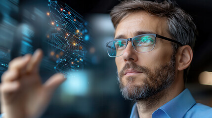 Aufkleber - Innovative entrepreneur analyzing data on futuristic interface, showcasing technology and focus. scene captures blend of intelligence and ambition in high tech environment