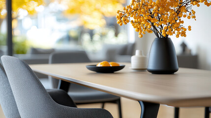 Aufkleber - modern home interior featuring stylish dining table with vase of yellow flowers, black bowl with oranges, and contemporary chairs, creating warm and inviting atmosphere