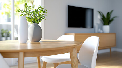 Aufkleber - modern dining room interior featuring round wooden table, white chairs, and decorative plants. space is bright and inviting, perfect for gatherings