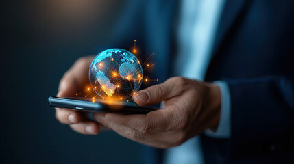 Fototapete - person holding smartphone with digital globe representation, symbolizing global connectivity and technology. image conveys sense of innovation and international communication