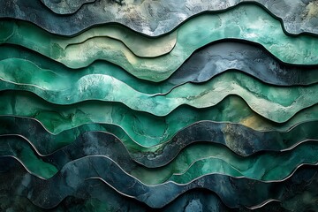 Wall Mural - Abstract layered design with wavy textures in shades of green and blue, creating a serene atmosphere