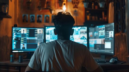 Aufkleber - Individual working intensely on multiple computer screens in a cozy, dimly lit workspace surrounded by plants and creative memorabilia showing focus on video editing.