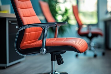 Canvas Print - A bright orange office chair sits in front of a modern desk, perfect for adding a pop of color to any workspace